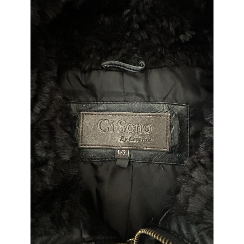 Ci Sono Black Vegan Leather/Faux Chevron Fur Vest Women's Size Large Biker Chic - Picture 6 of 10